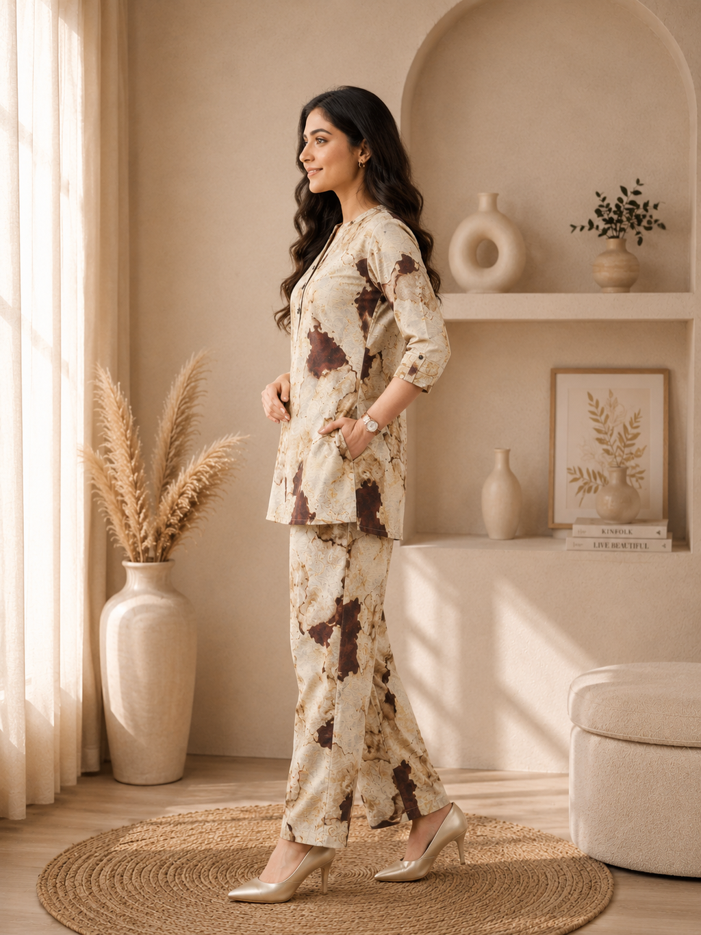 Woman in a floral outfit standing in a sunlit room with decorative elements.