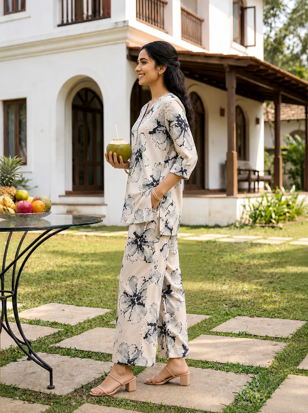 Woman in a floral outfit standing in a garden with a building in the background