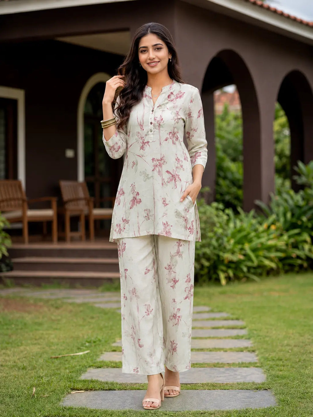 Floral Cotton Linen Kurti Set