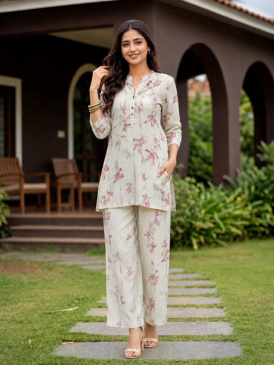 Floral Cotton Linen Kurti Set