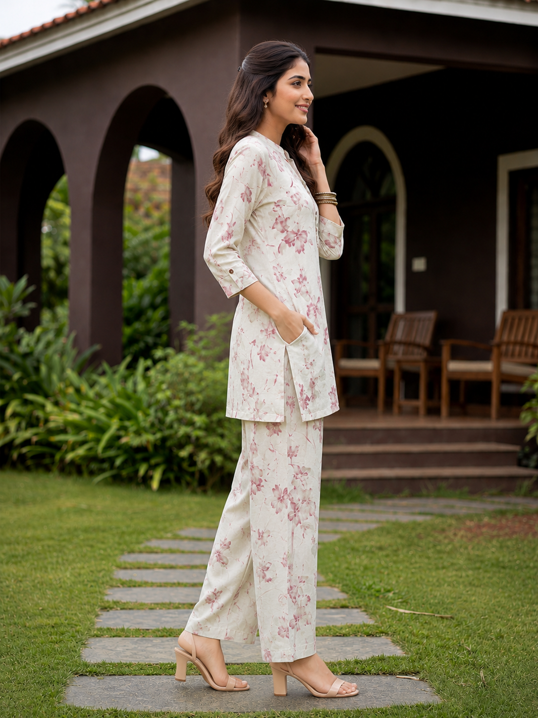 Floral Cotton Linen Kurti Set