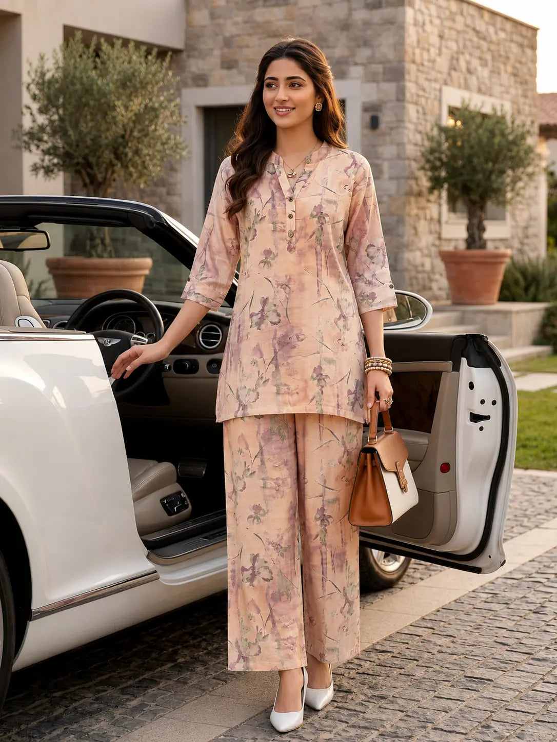 Peach Cotton Linen Kurti Set