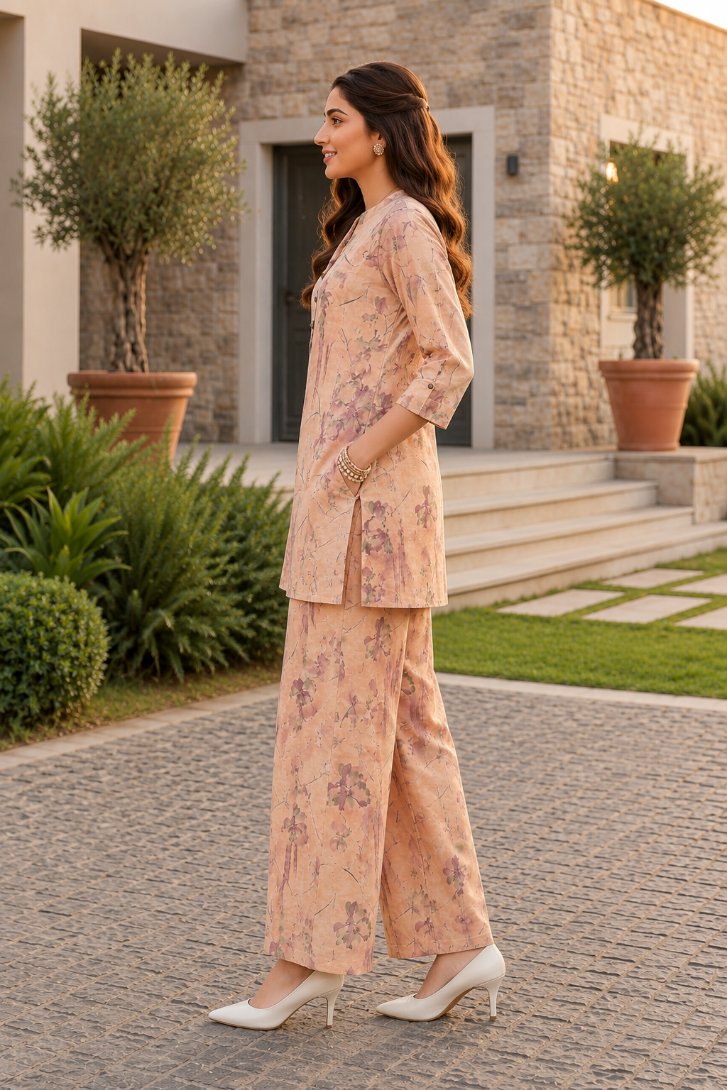 Woman in a floral outfit standing outdoors with a building and plants in the background