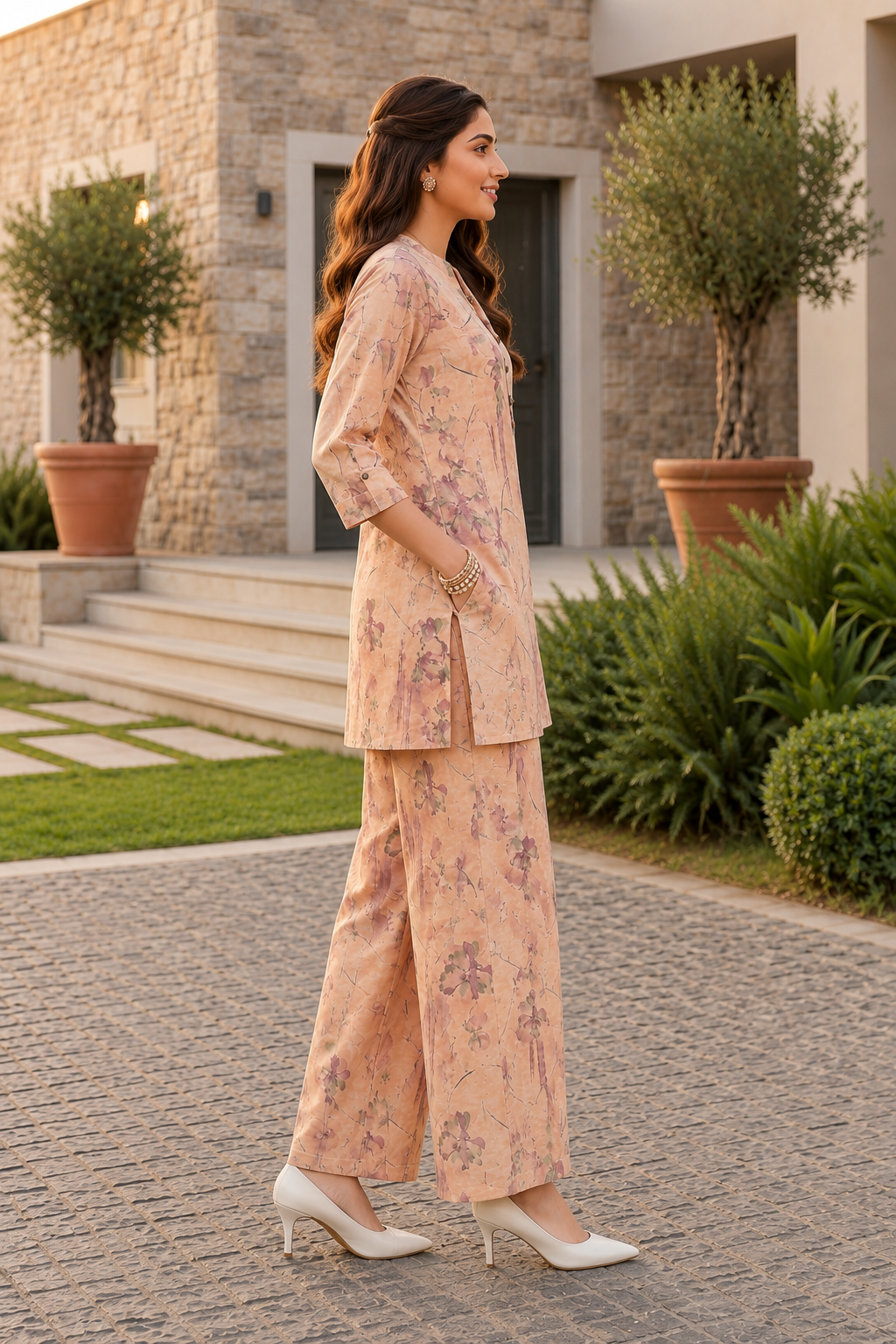 Peach Cotton Linen Kurti Set