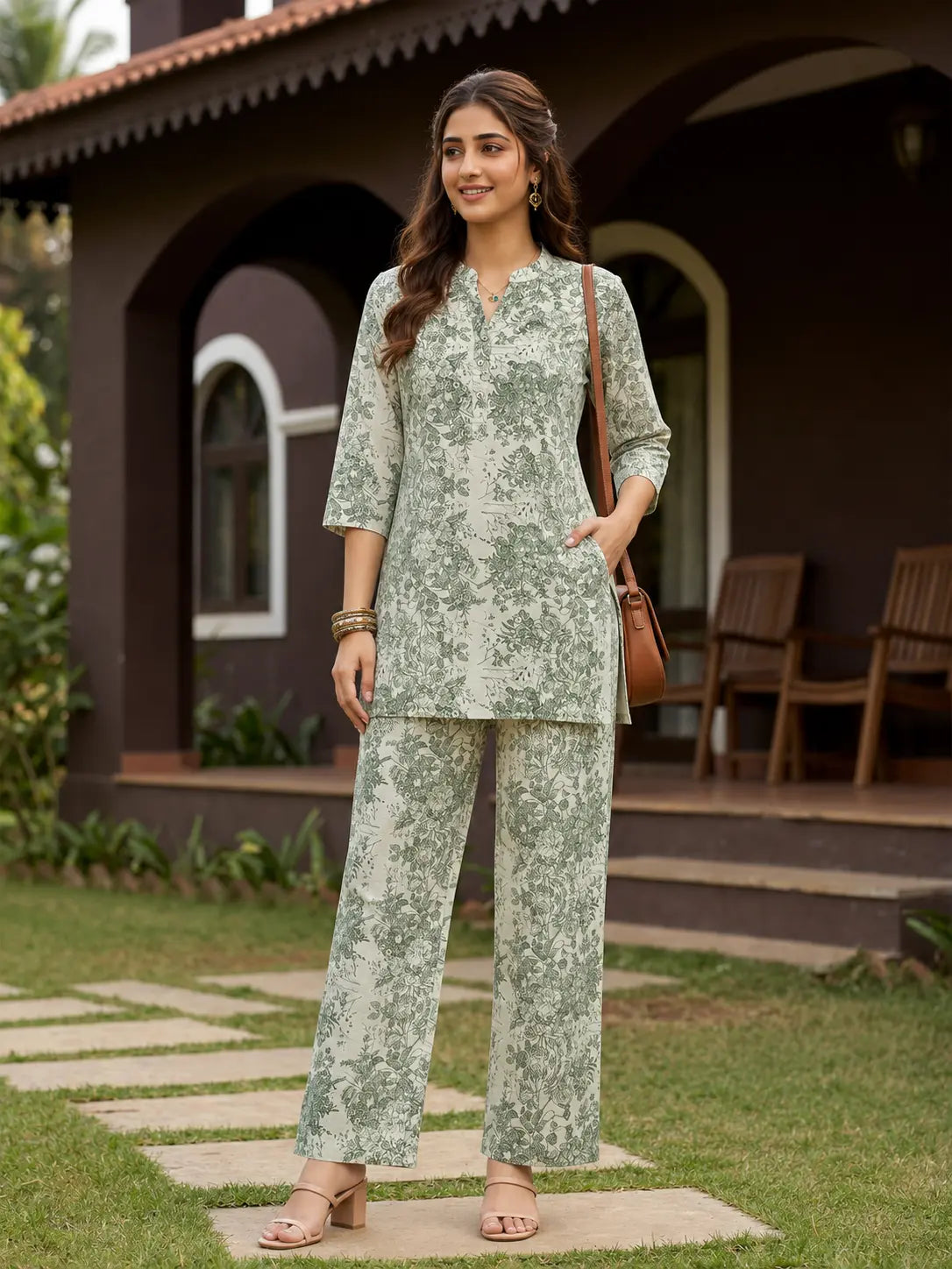 Green Cotton Linen Kurti Set