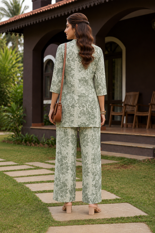 Green Cotton Linen Kurti Set