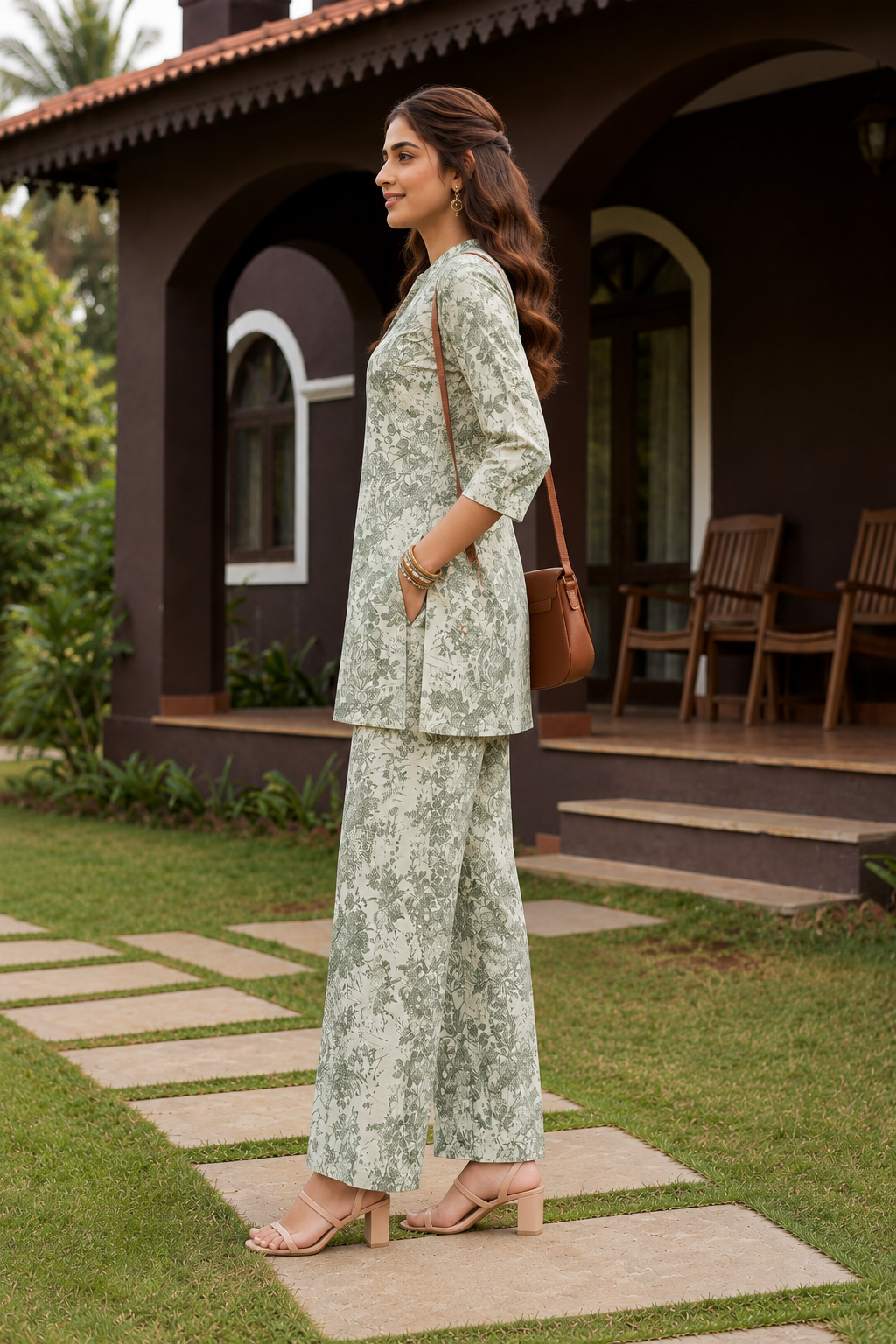 Woman in a floral outfit standing on a pathway in front of a building.
