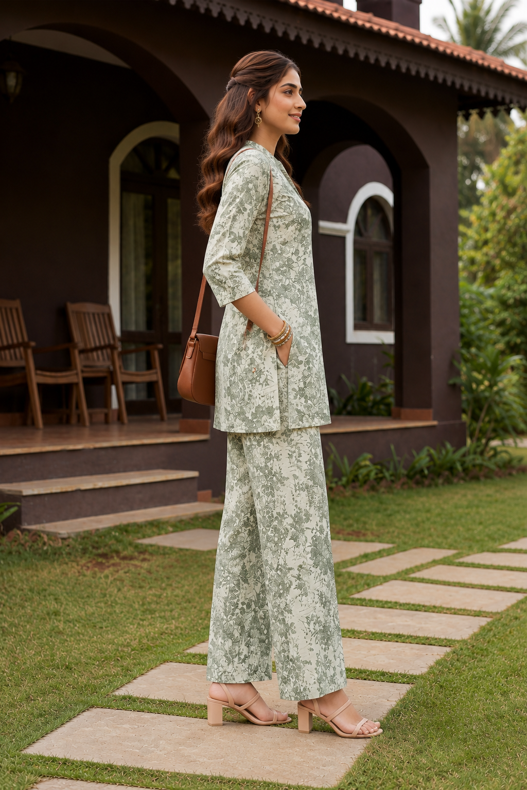 Green Cotton Linen Kurti Set
