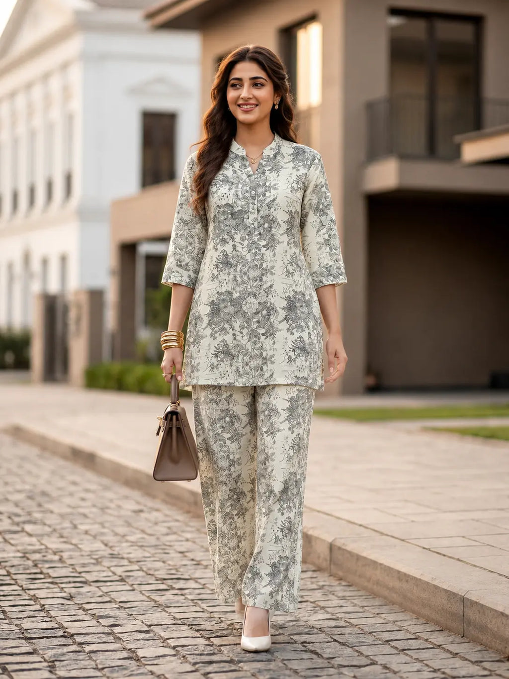 Grey Cotton Linen Kurti Set
