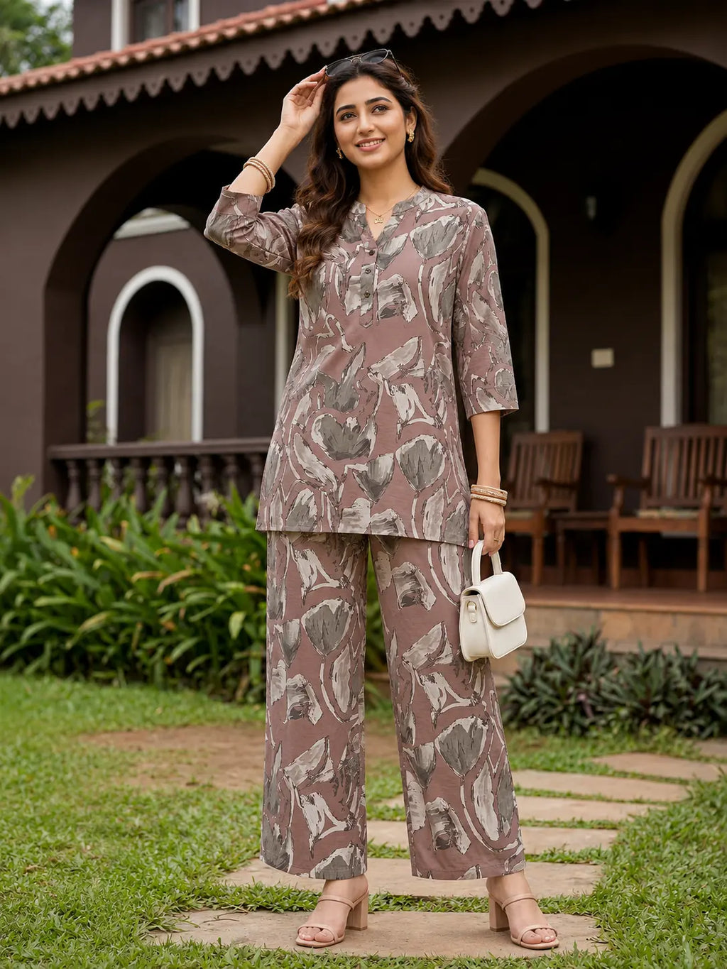 Brown Cotton Linen Kurti Set