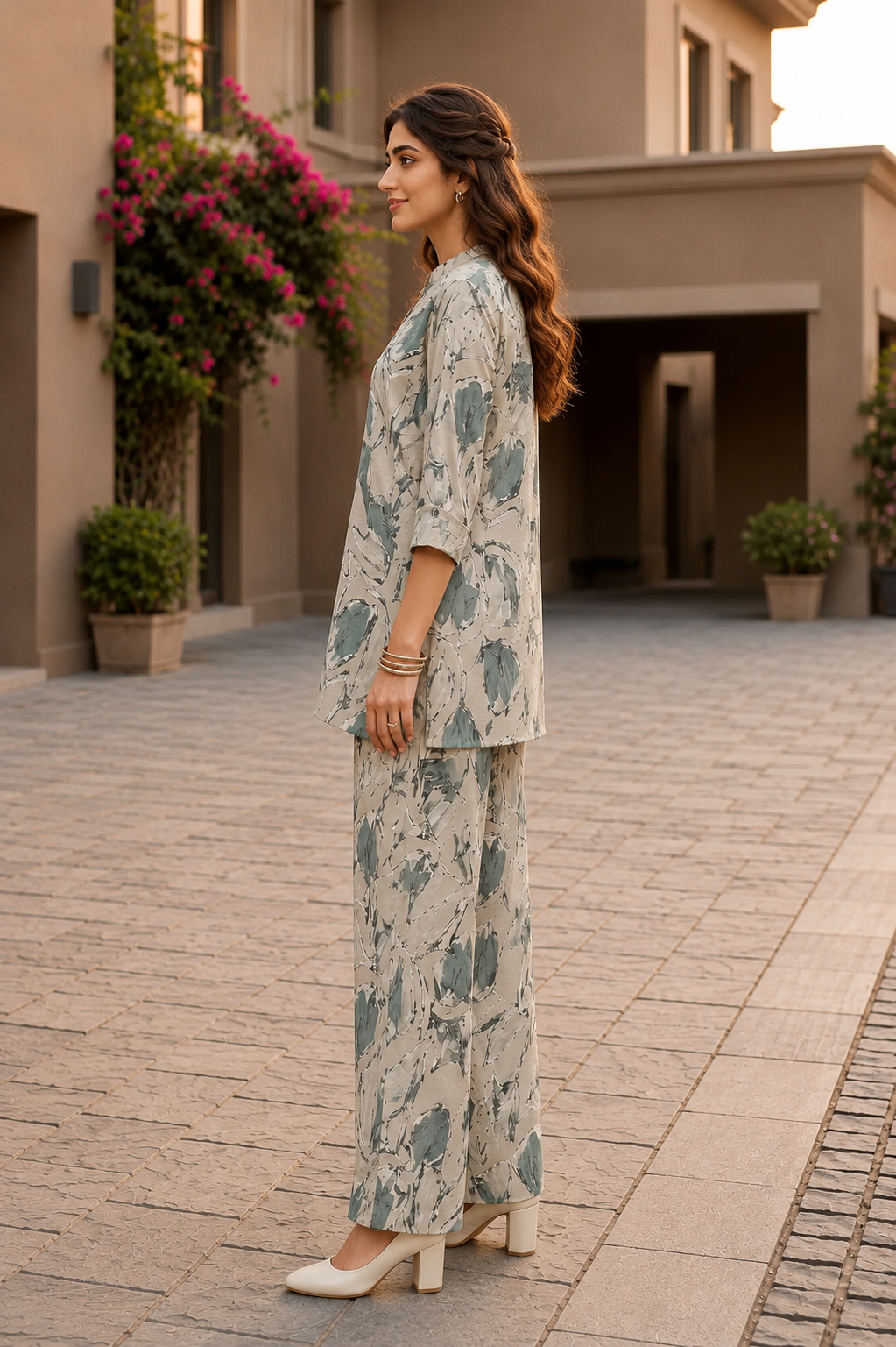 Woman in a floral outfit standing on a paved area with plants and a building in the background