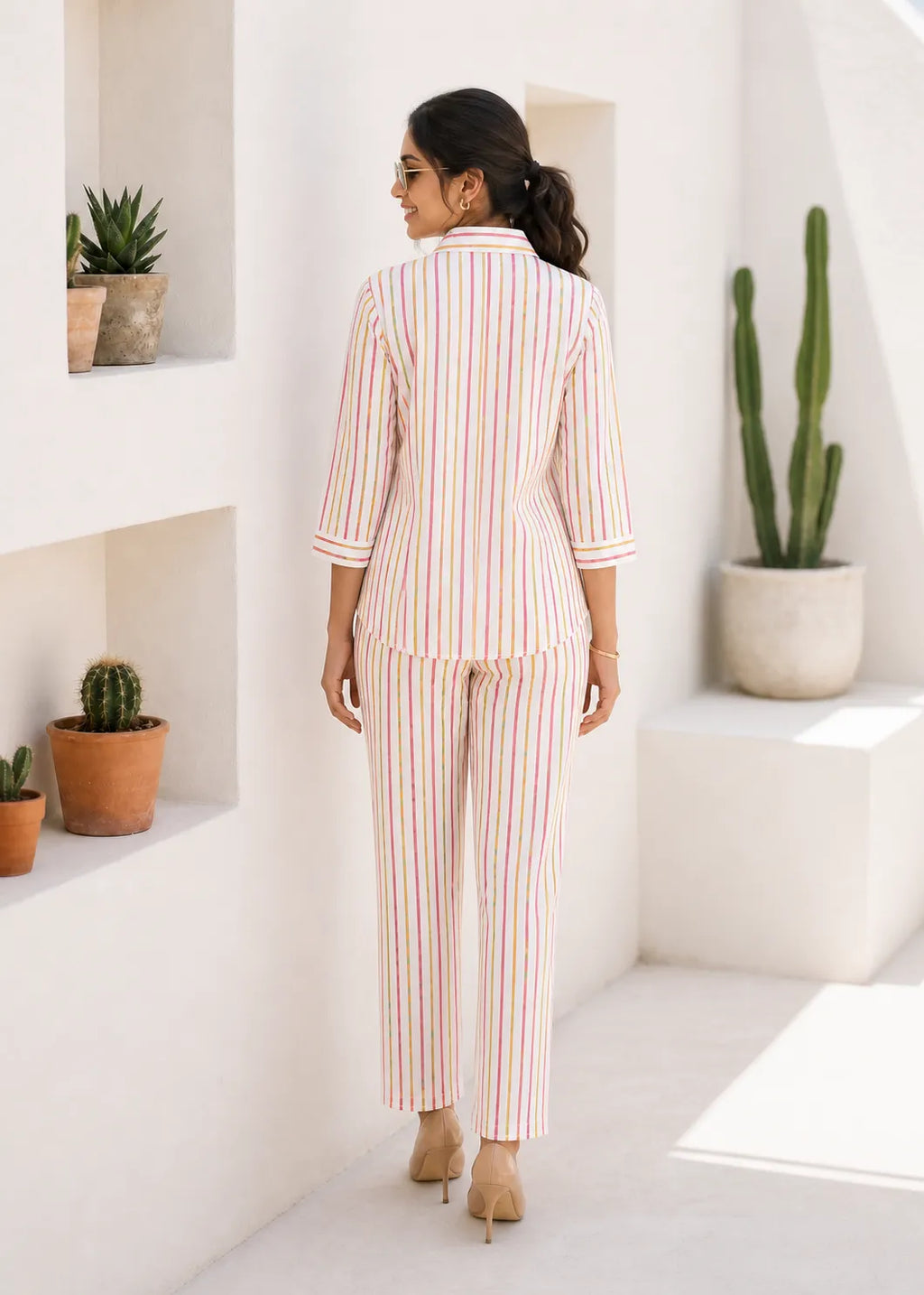 Pink and Yellow Striped Linen Kurti Set