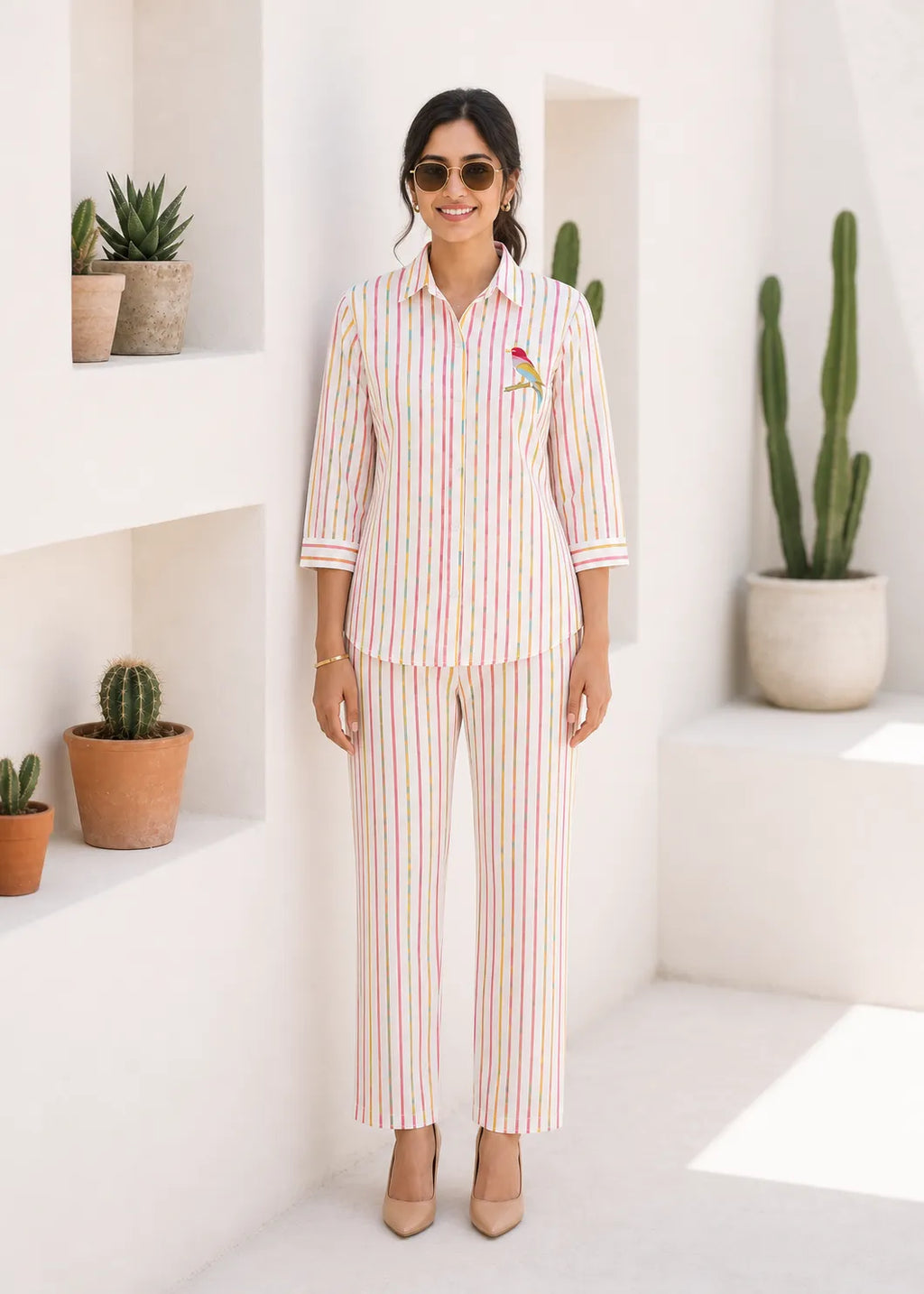 Pink and Yellow Striped Linen Kurti Set