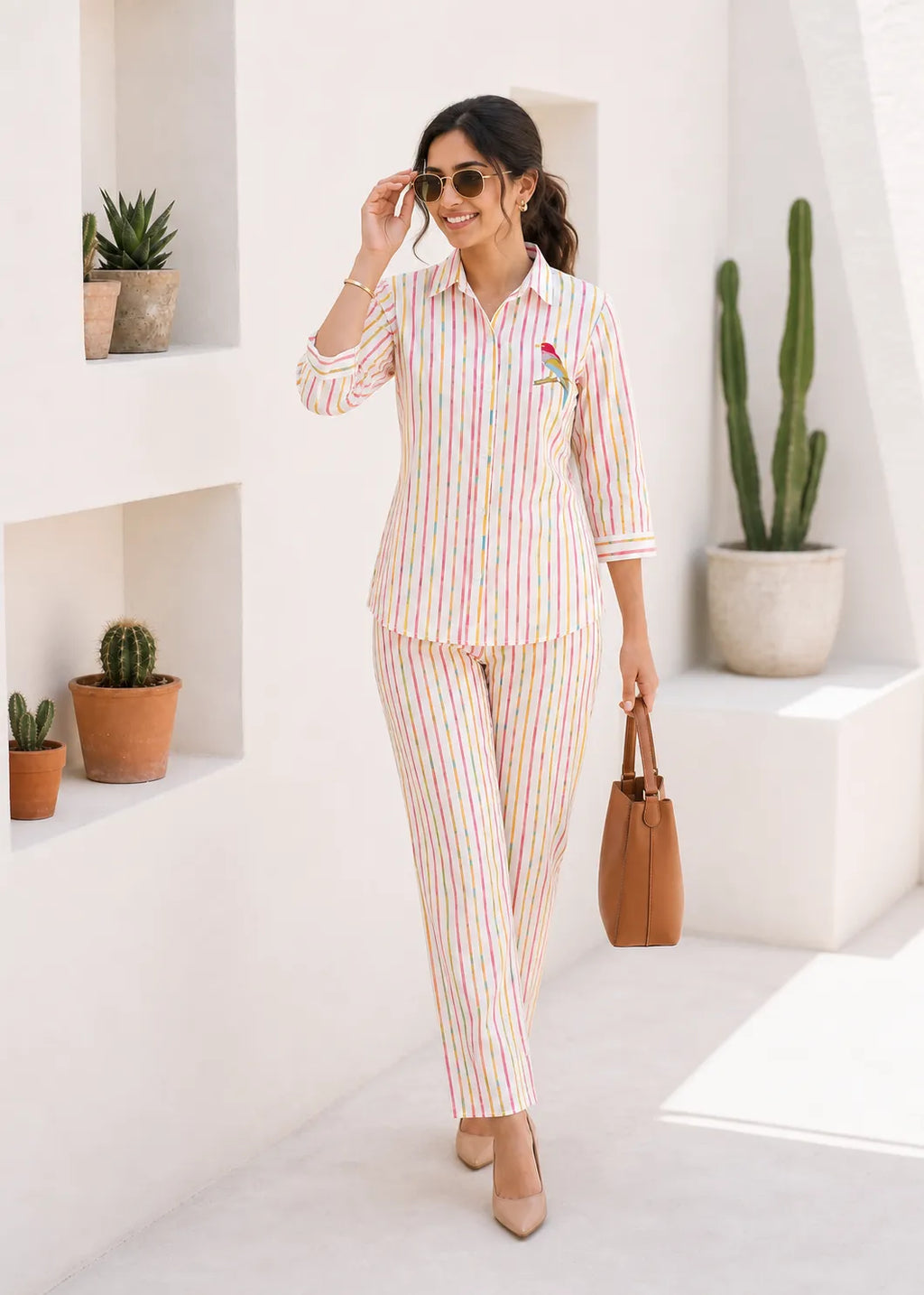 Pink and Yellow Striped Linen Kurti Set