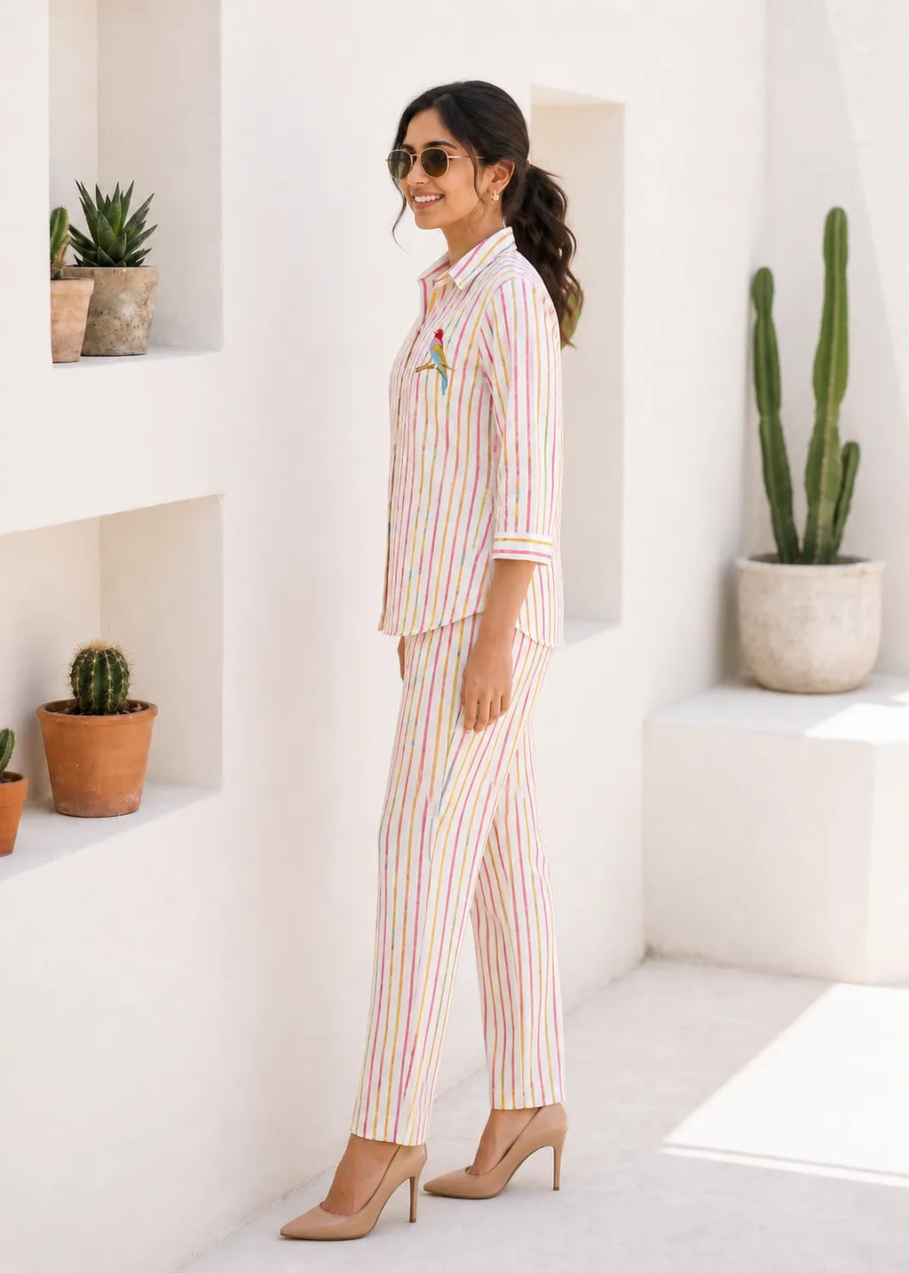 Pink and Yellow Striped Linen Kurti Set