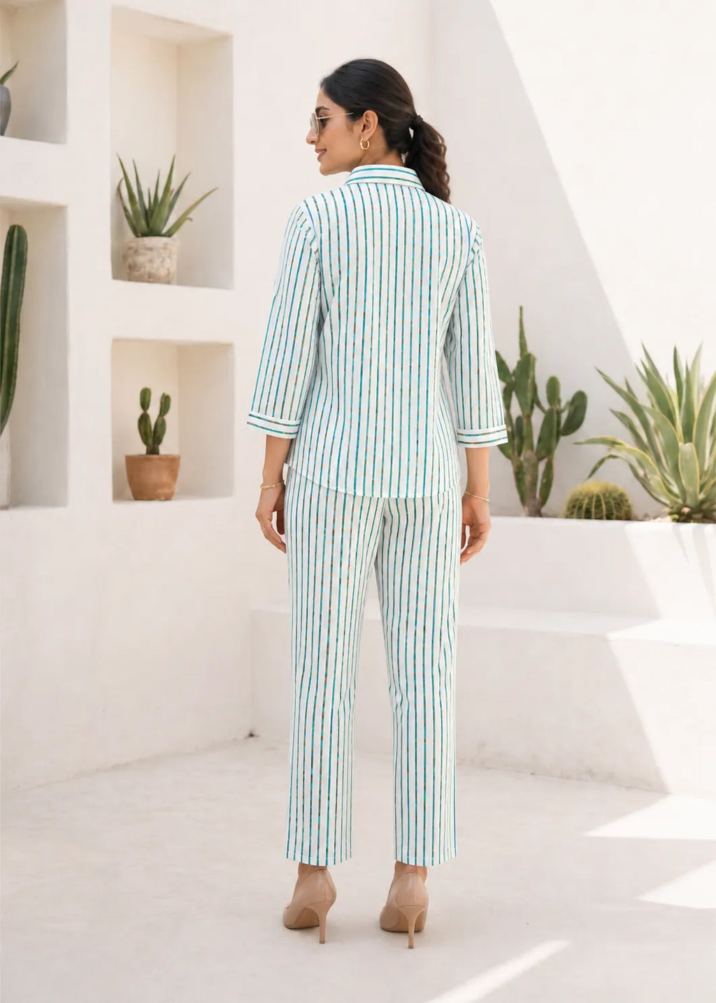 Blue and Teal Striped Linen Kurti Set