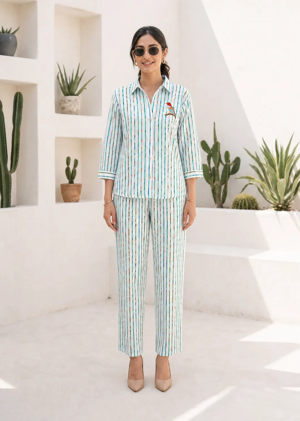 Blue and Teal Striped Linen Kurti Set