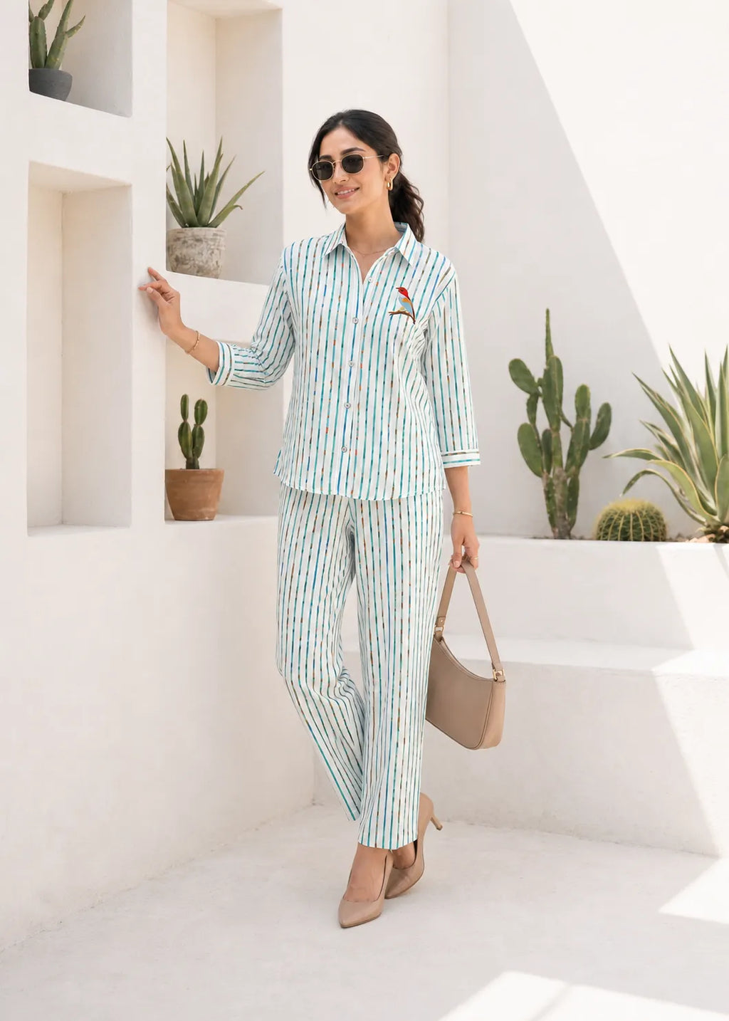 Blue and Teal Striped Linen Kurti Set