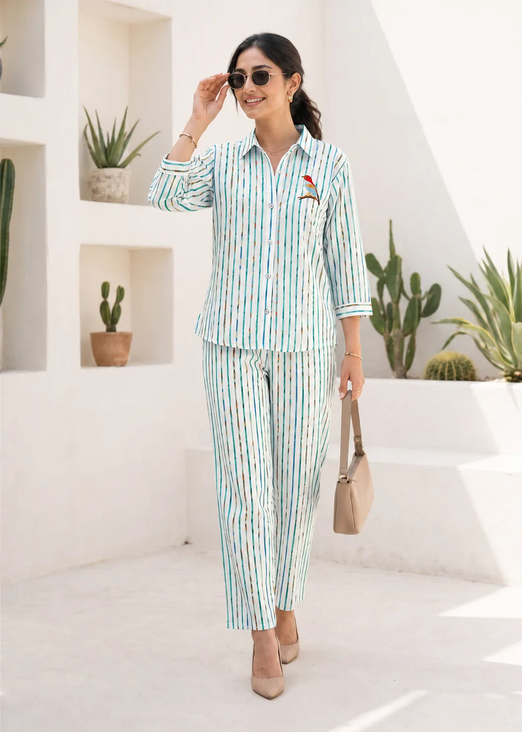 Blue and Teal Striped Linen Kurti Set