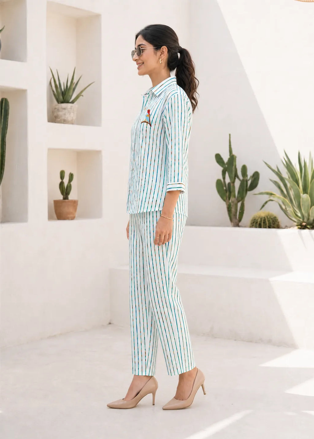 Blue and Teal Striped Linen Kurti Set