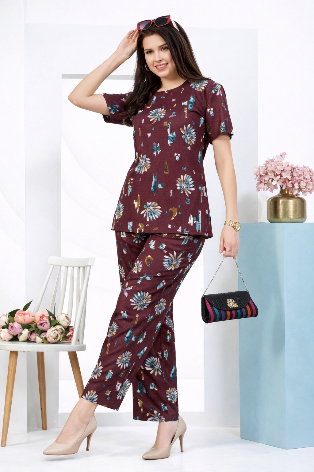 Burgundy Floral Lounge Set