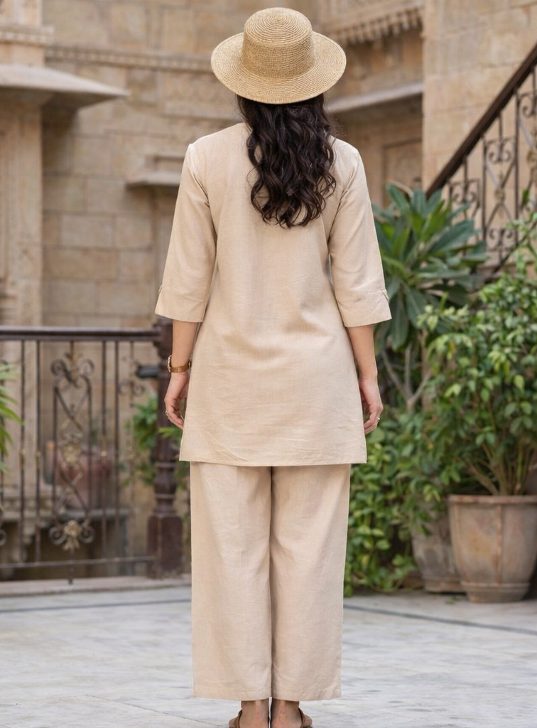 Woman in beige outfit with hat standing in a garden setting