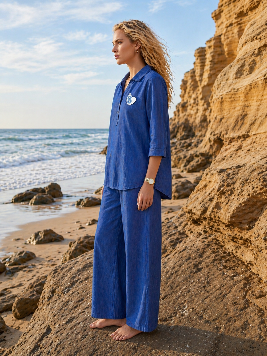 Woman in a blue outfit standing on a rocky beach with ocean and cliffs in the background