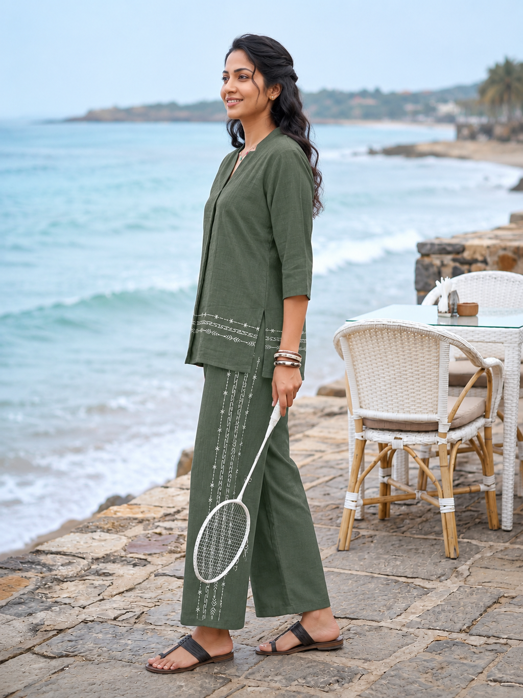 Woman in green outfit holding a badminton racket by the sea