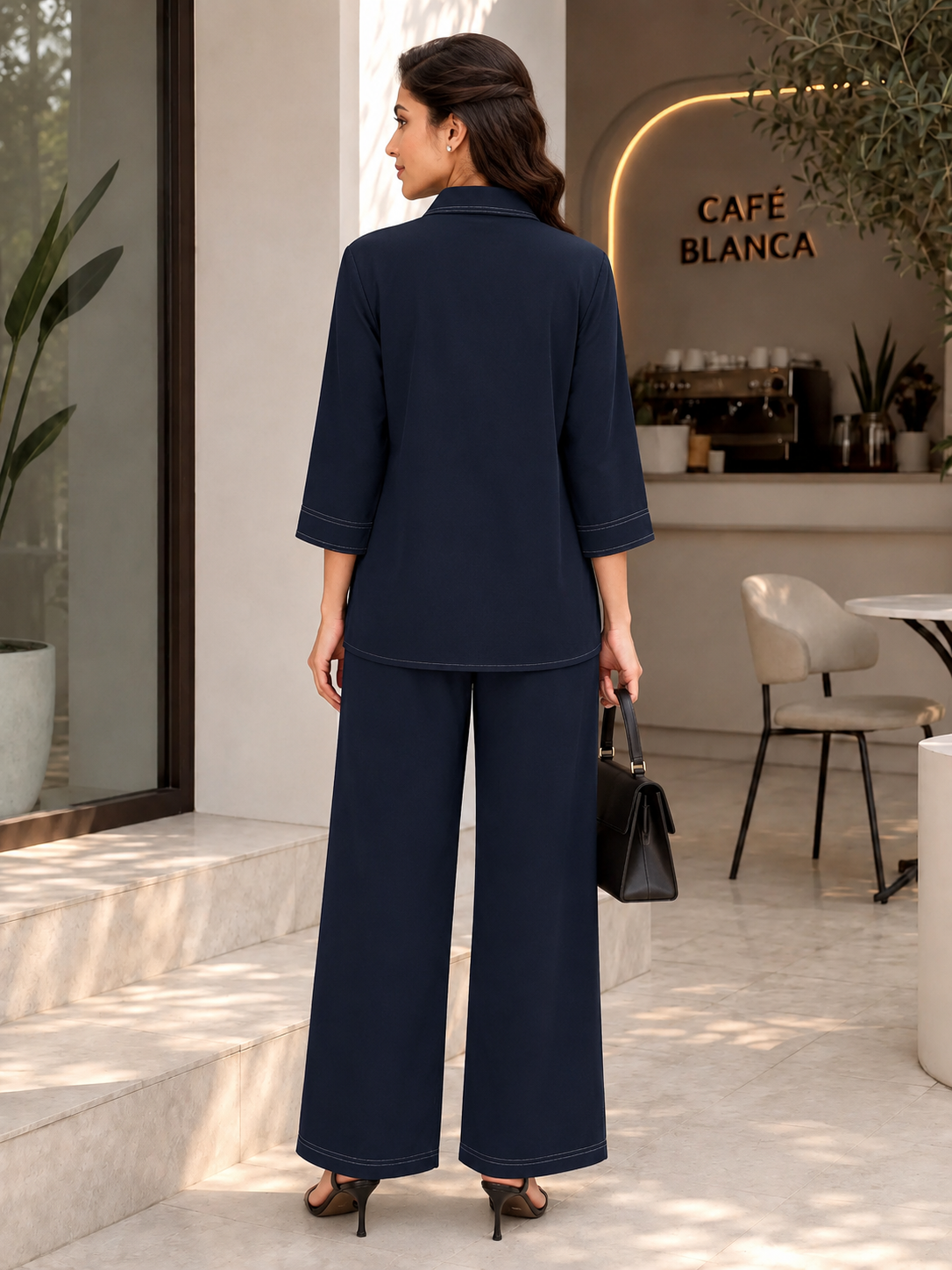 Navy Blue Contrast Stitch Armani Slub Co-ord Set