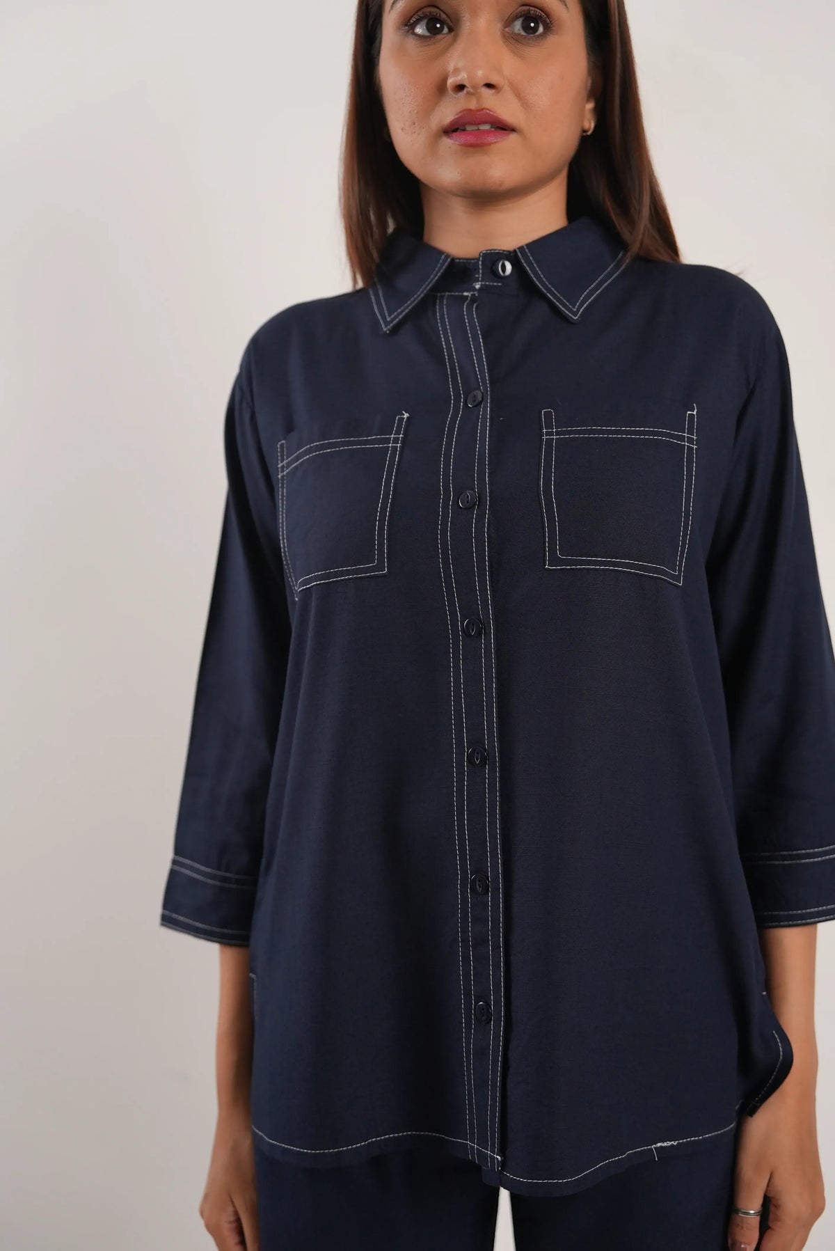 Navy Blue Contrast Stitch Soft Cotton Co-ord Set