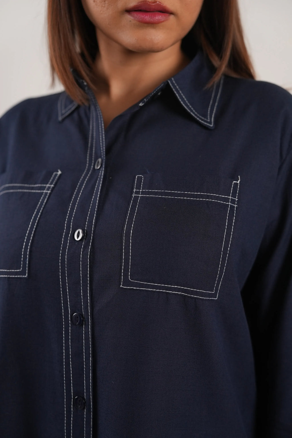 Navy Blue Contrast Stitch Soft Cotton Co-ord Set