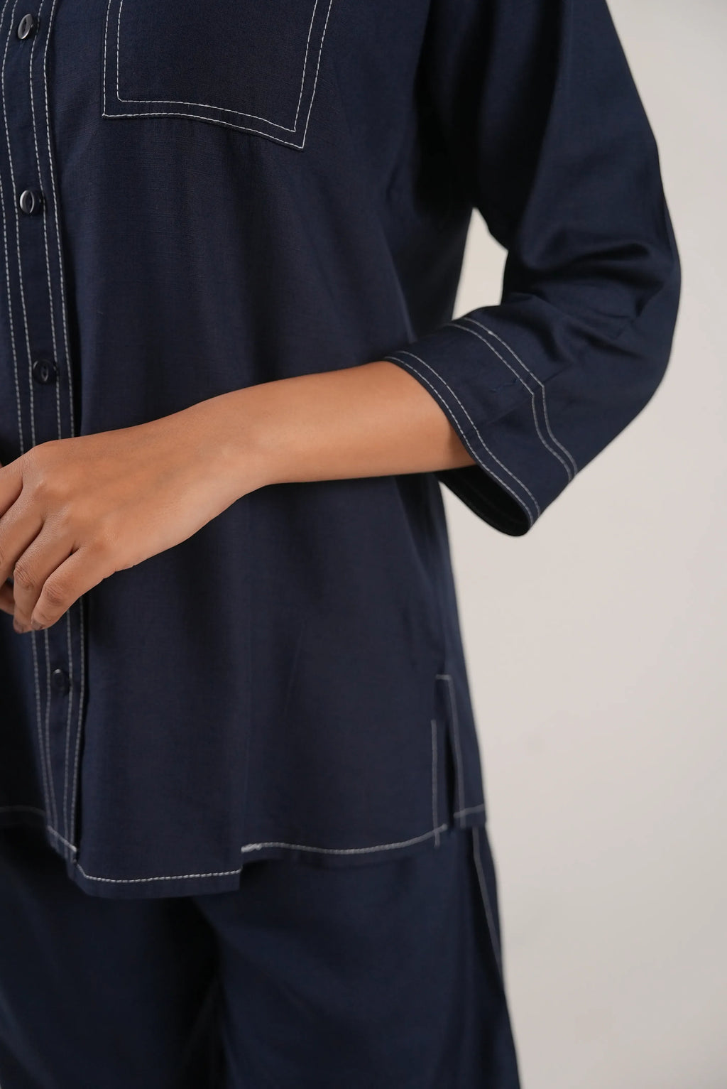 Navy Blue Contrast Stitch Soft Cotton Co-ord Set