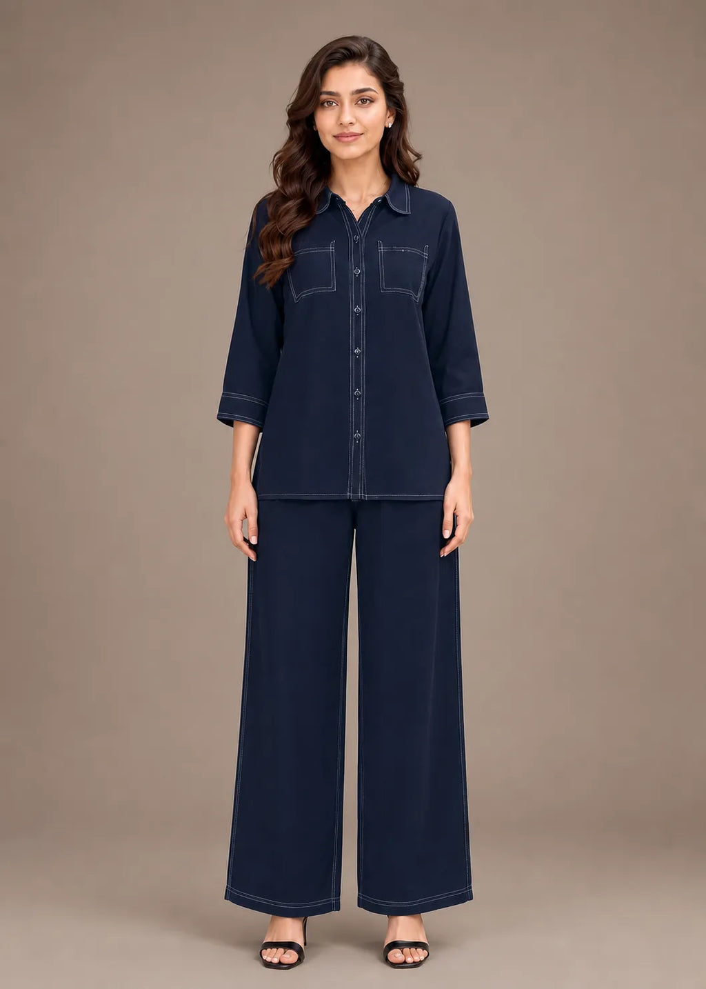 Navy Blue Contrast Stitch Soft Cotton Co-ord Set