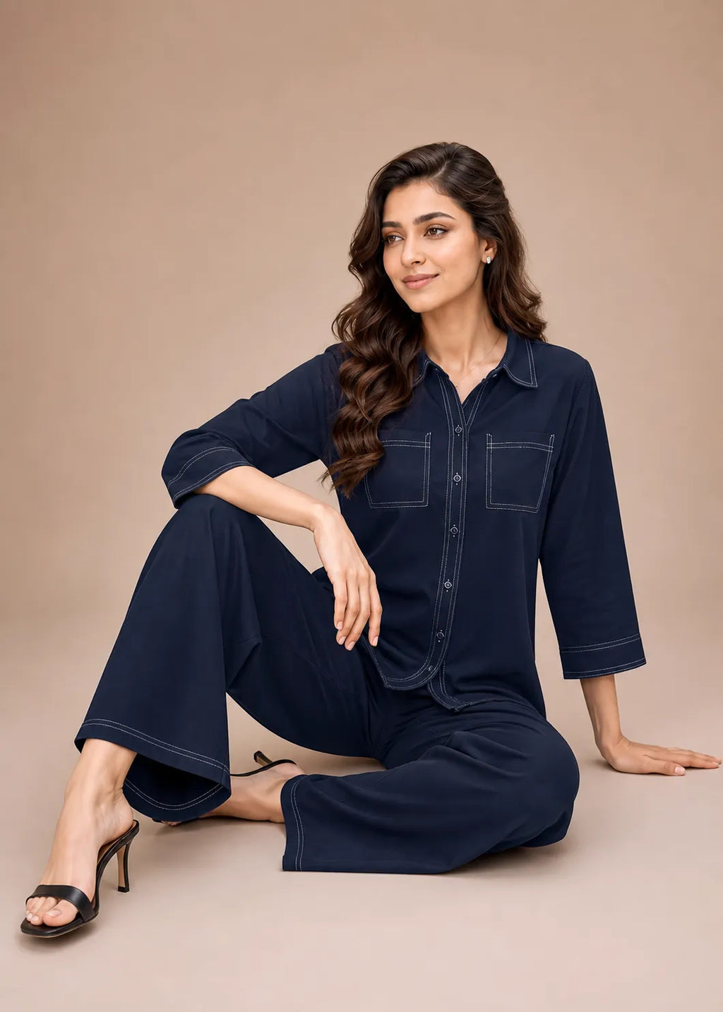 Navy Blue Contrast Stitch Soft Cotton Co-ord Set