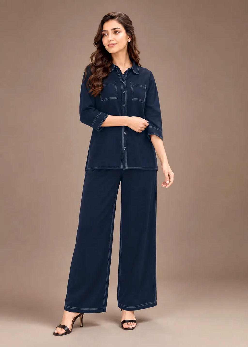 Navy Blue Contrast Stitch Soft Cotton Co-ord Set