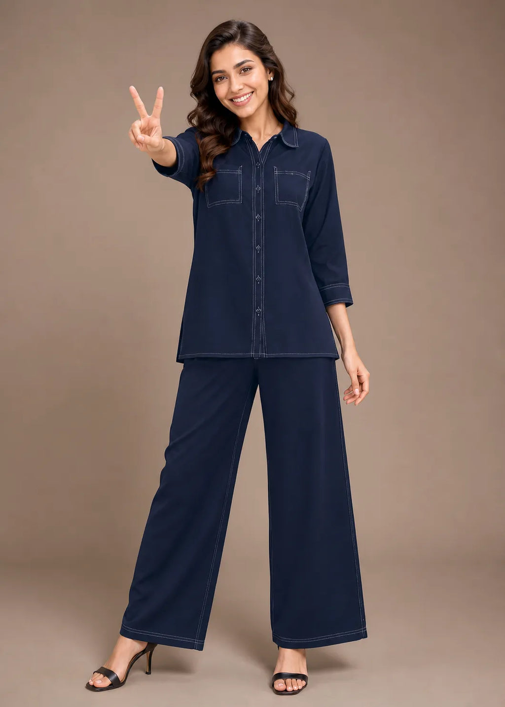 Navy Blue Contrast Stitch Soft Cotton Co-ord Set