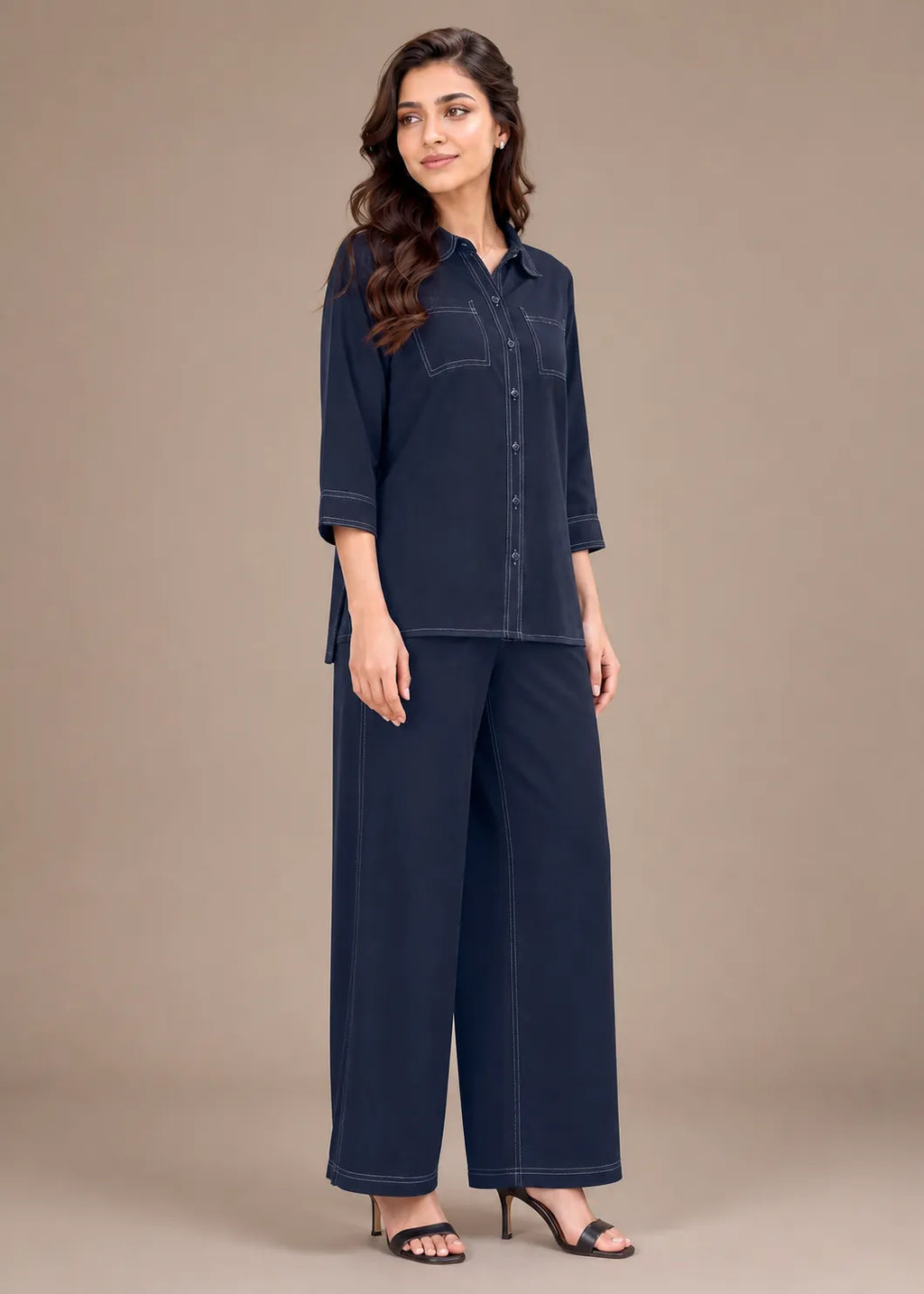 Navy Blue Contrast Stitch Soft Cotton Co-ord Set
