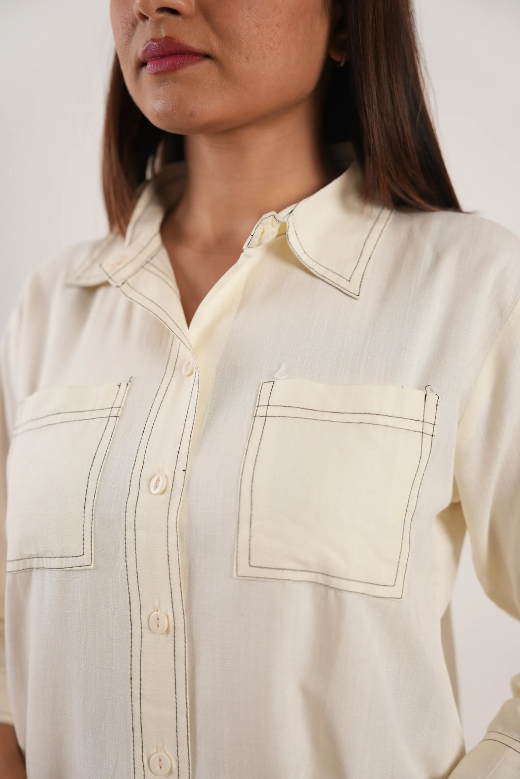 Cream Contrast Stitch Cotton Soft Linen Co-ord Set