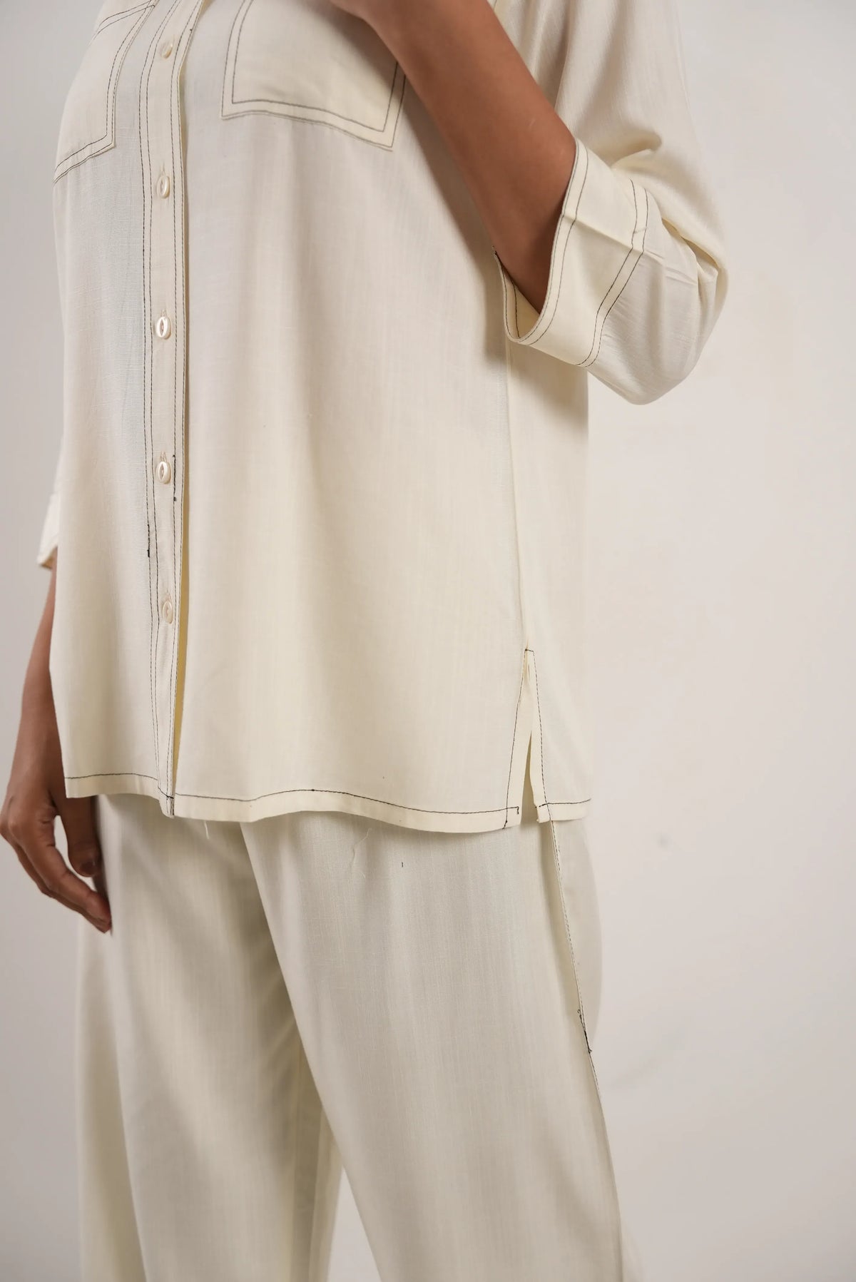 Cream Contrast Stitch Cotton Soft Linen Co-ord Set