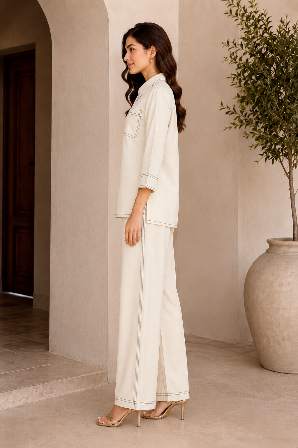 Cream Contrast Stitch Armani Slub Co-ord Set