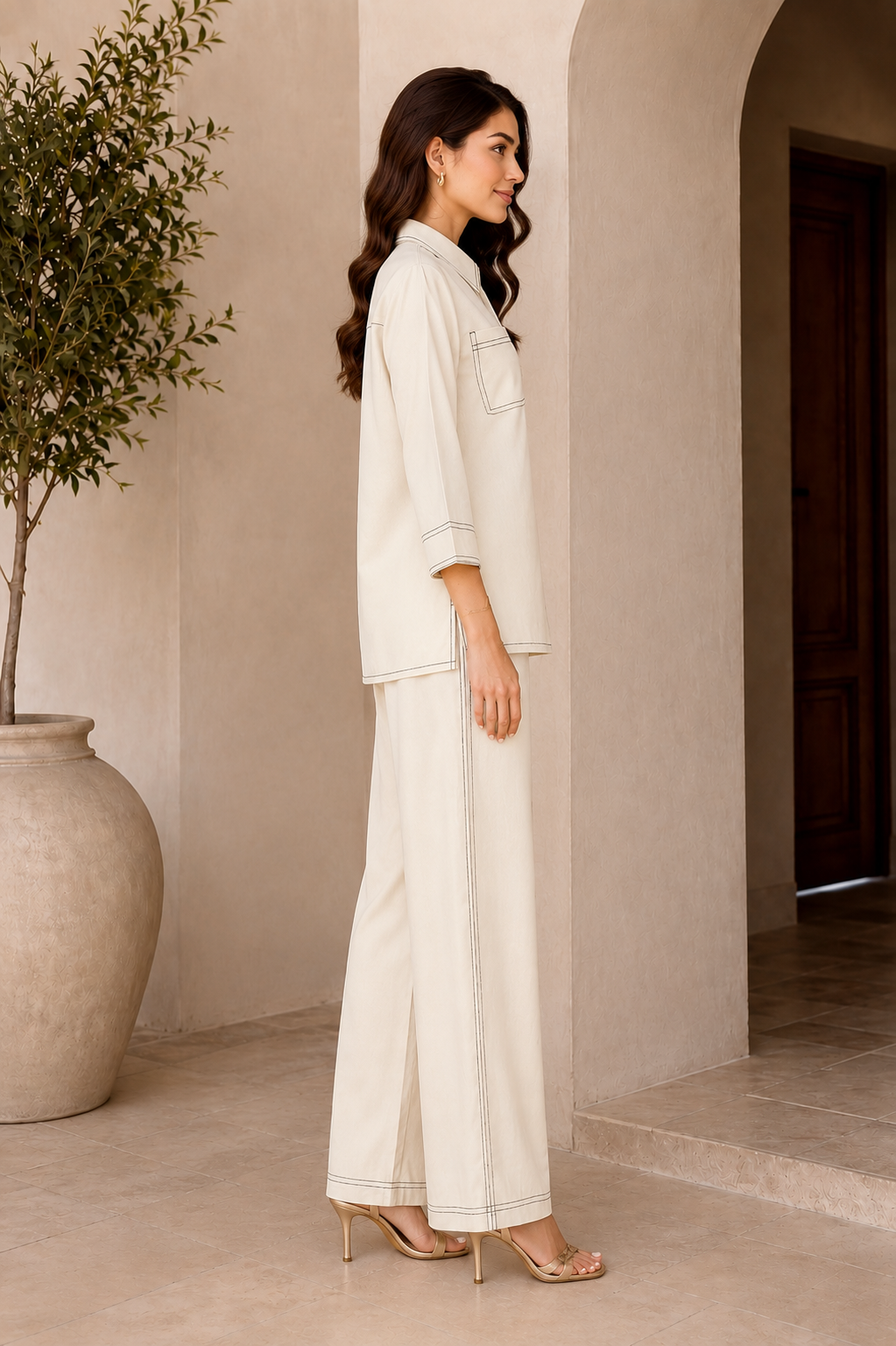 A woman stands in profile wearing a matching off-white two-piece lounge set consisting of a long-sleeve button-up shirt and wide-leg trousers, styled with clear high-heeled sandals in a warm, neutral-toned architectural setting.