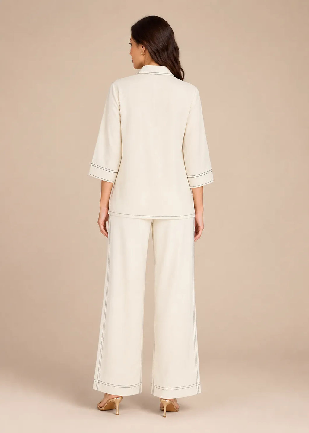 Cream Contrast Stitch Cotton Soft Linen Co-ord Set