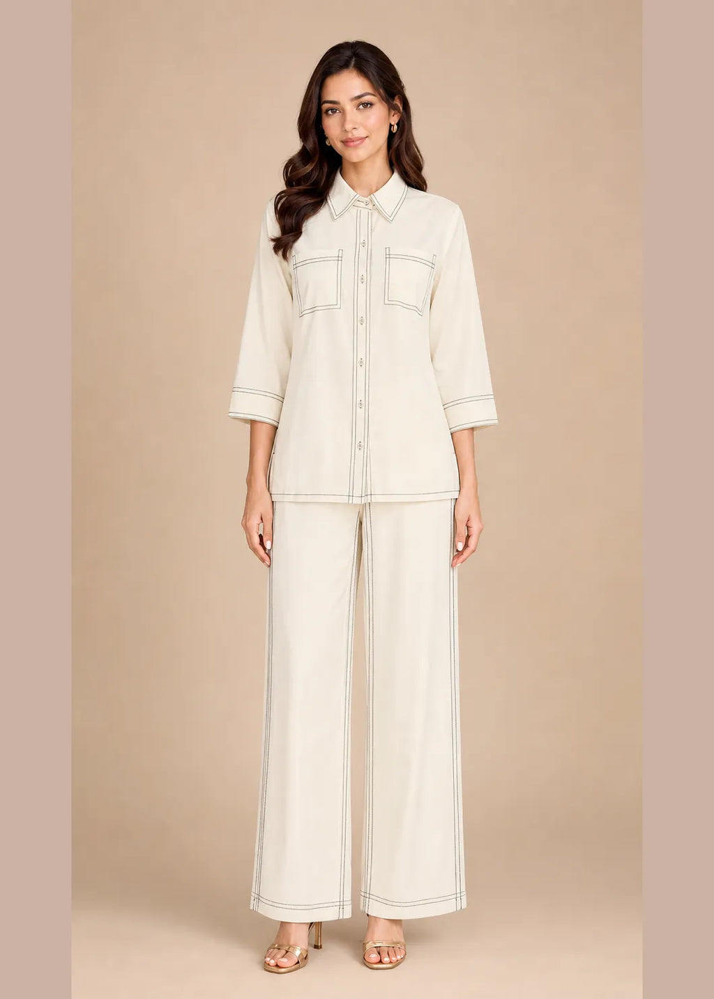 Cream Contrast Stitch Cotton Soft Linen Co-ord Set