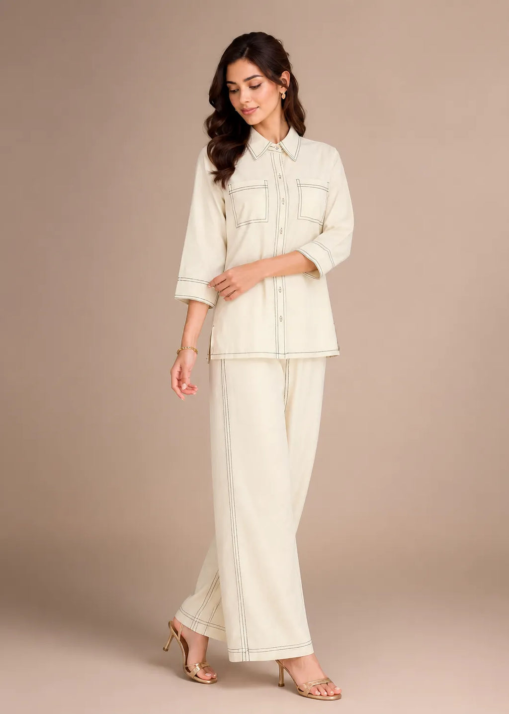 Cream Contrast Stitch Cotton Soft Linen Co-ord Set