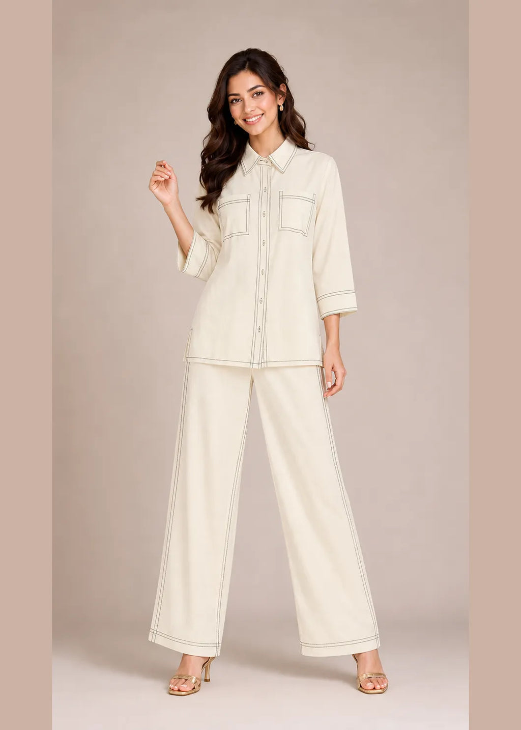 Cream Contrast Stitch Cotton Soft Linen Co-ord Set