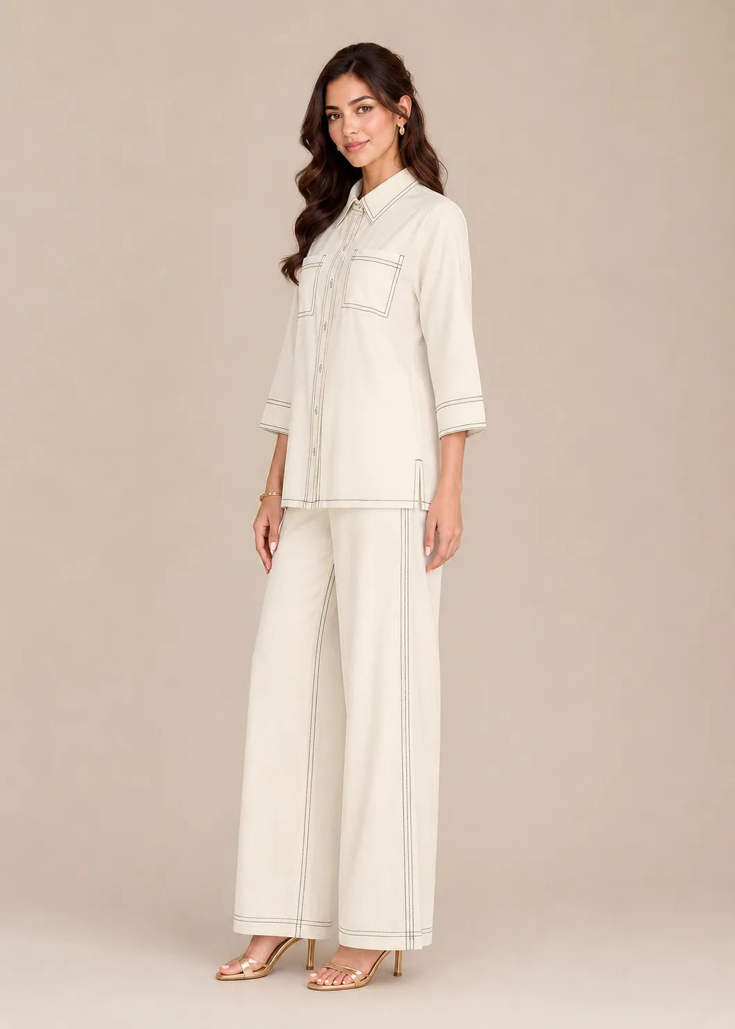 Cream Contrast Stitch Cotton Soft Linen Co-ord Set