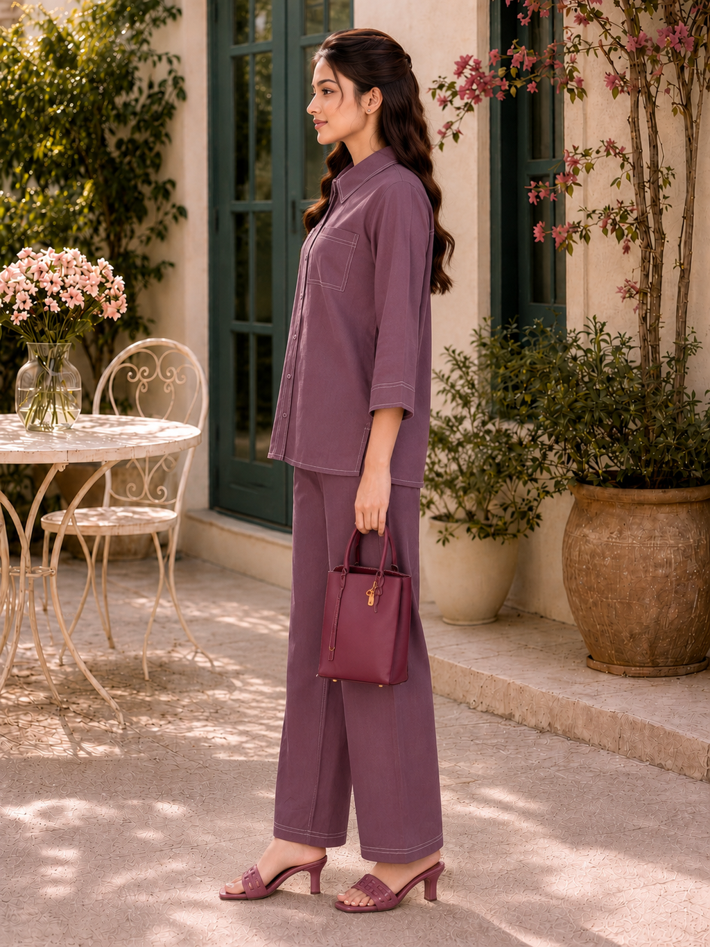 A woman stands in profile on a sunlit patio wearing a matching mauve-purple two-piece set with a short-sleeve button-front top and wide-leg pants, holding a small matching handbag.