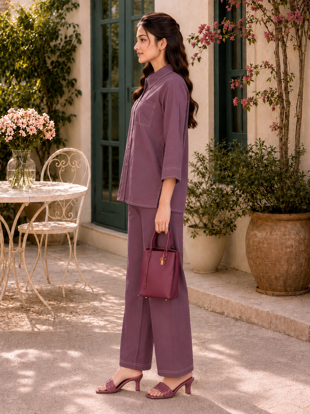 A woman stands in profile on a sunlit patio wearing a matching mauve-purple two-piece set with a short-sleeve button-front top and wide-leg pants, holding a small matching handbag.