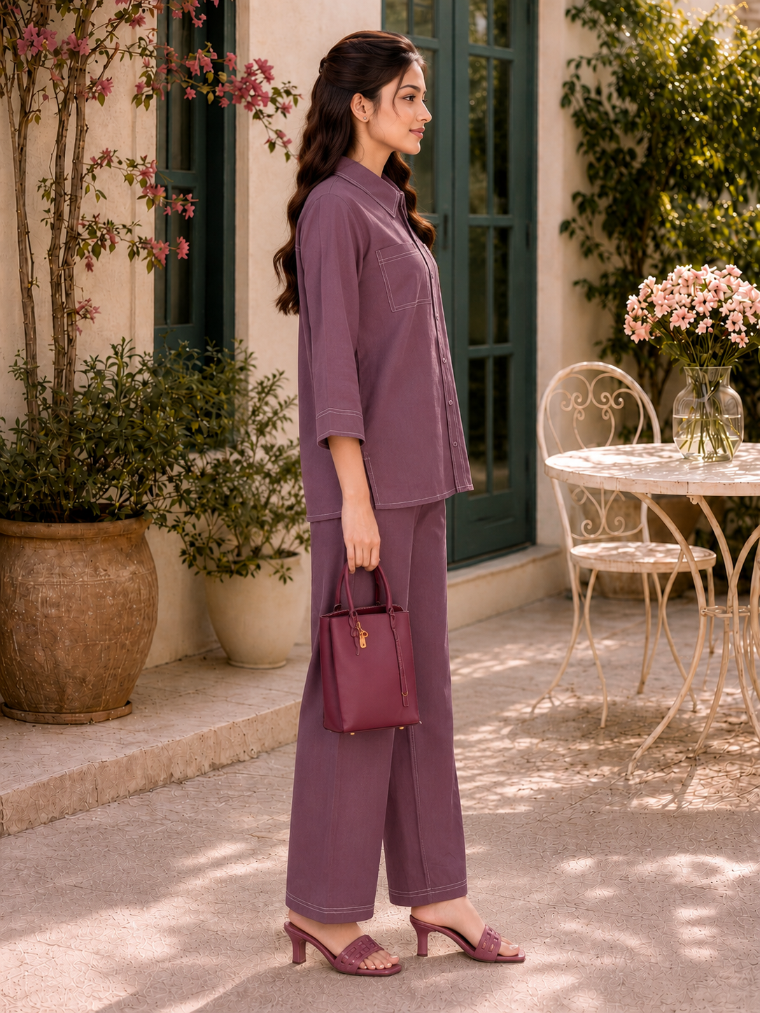 Mauve Contrast Stitch Armani Slub Co-ord Set