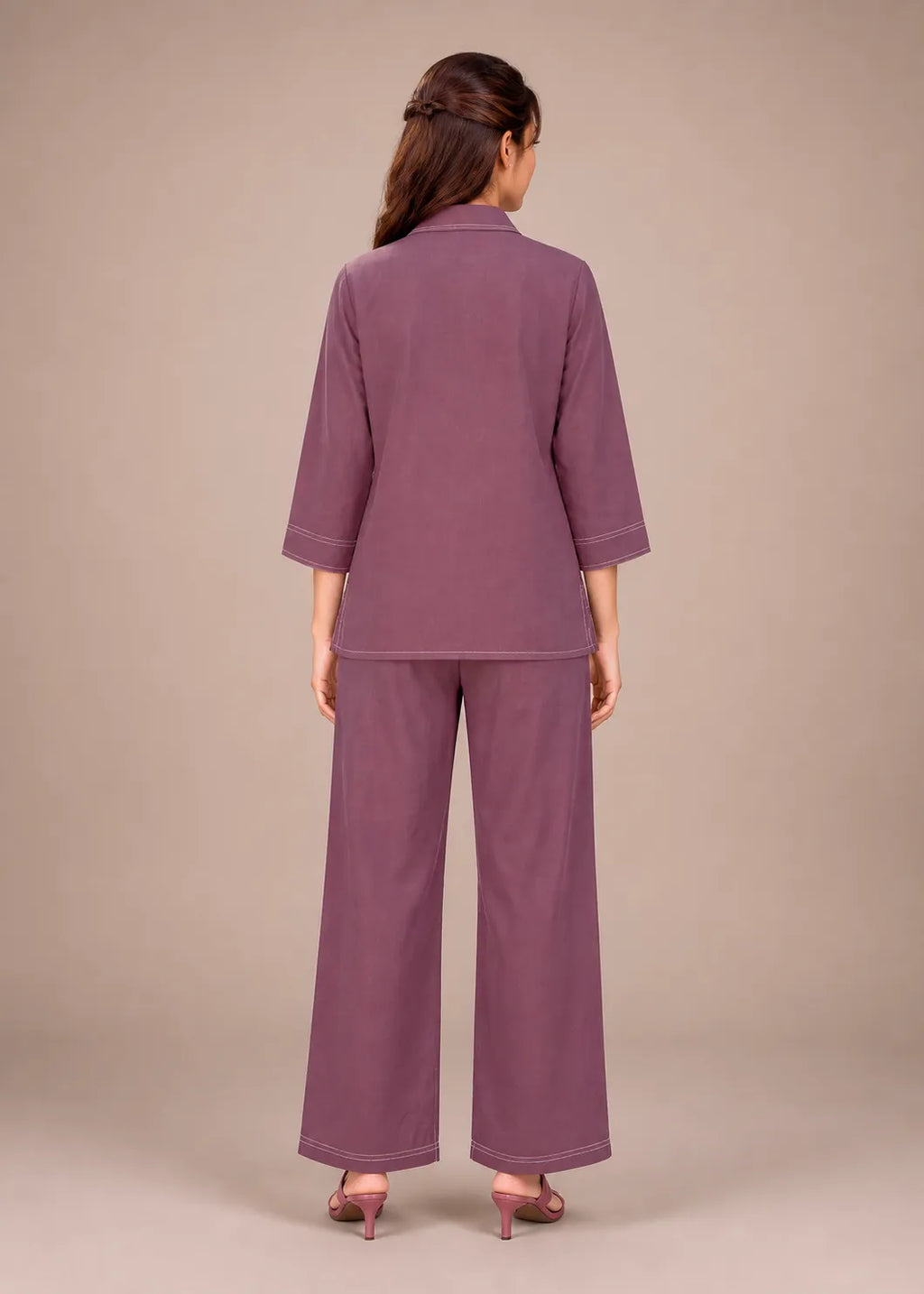 Mauve Contrast Stitch Armani Slub Co-ord Set